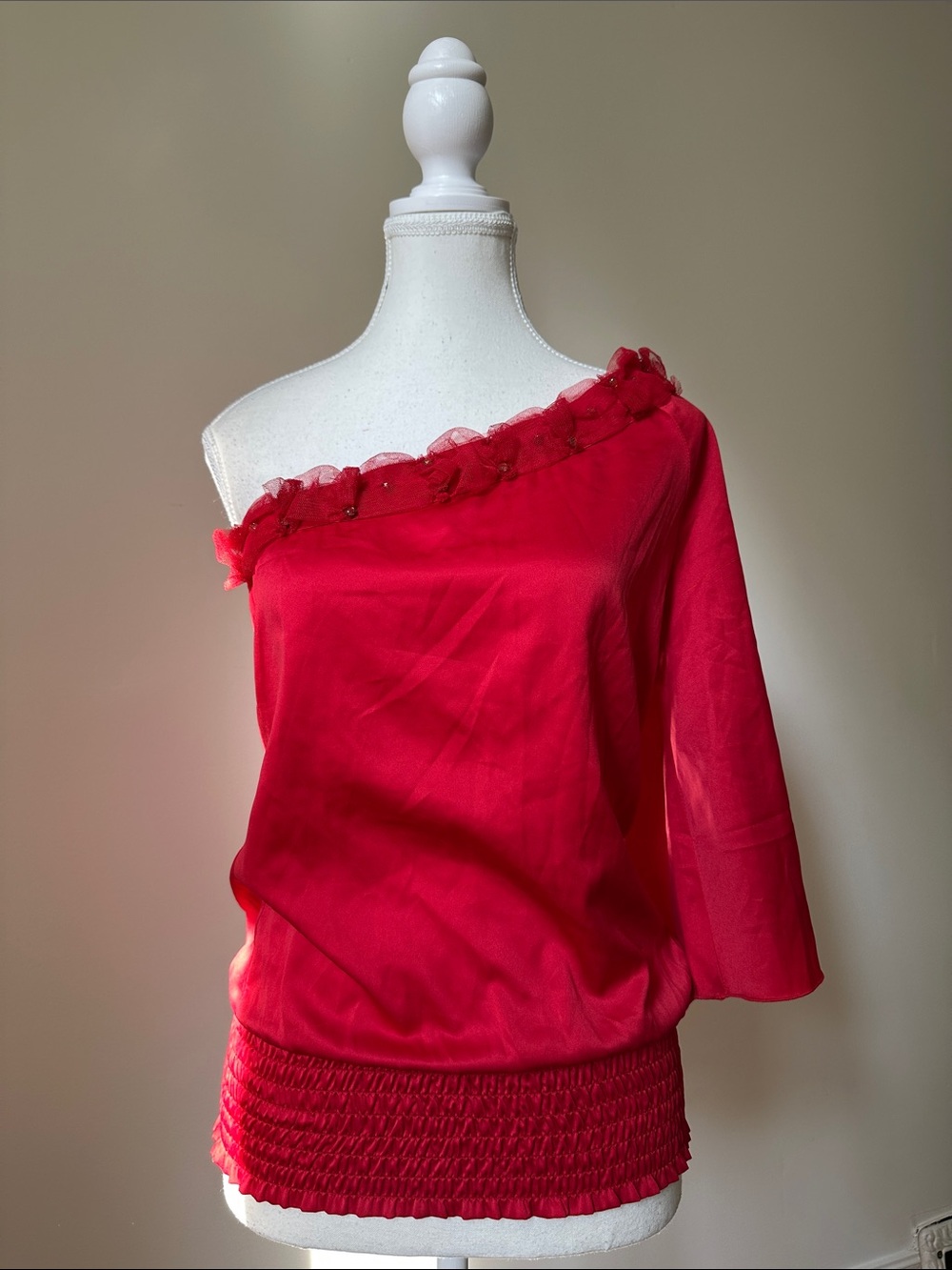 ARDEN‎ B Red Y2K Flutter Sleeve Romantic Party Banded One Shoulder Top XS